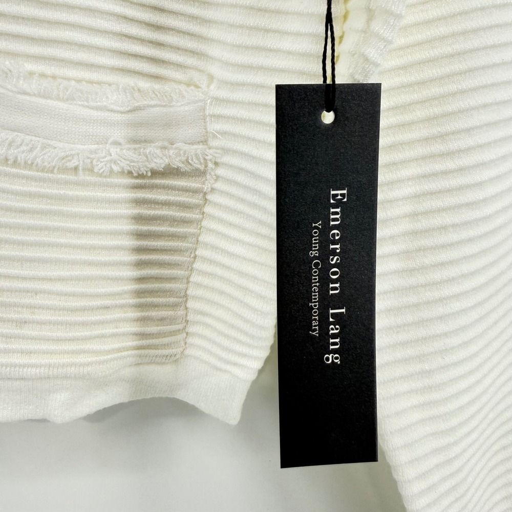 NWT Emerson Lang Womens Cream Ribbed Fringed Trim Button Front Cardigan Size S - Picture 8 of 10